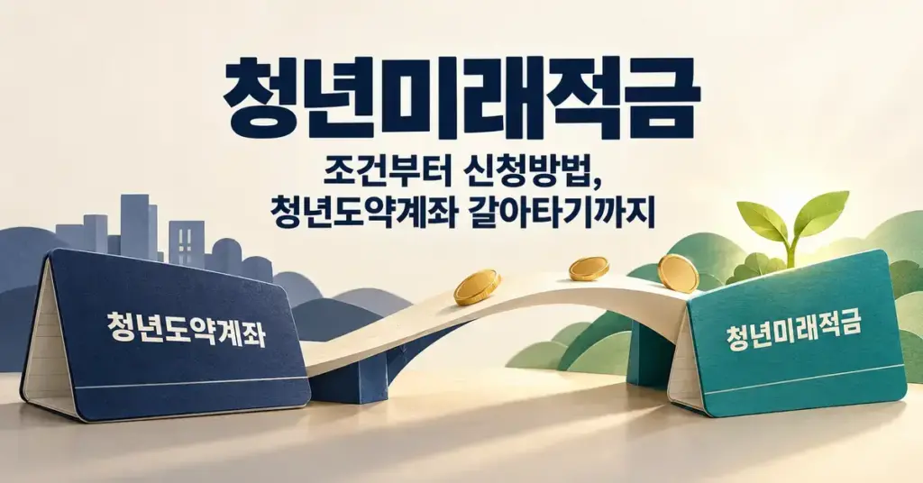 청년미래적금 가입 조건과 신청 방법, 청년도약계좌에서 갈아타기를 안내하는 제목 아래 두 통장을 다리로 연결하고 동전과 새싹으로 저축의 성장을 표현한 이미지입니다.