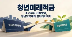 청년미래적금 가입 조건과 신청 방법, 청년도약계좌에서 갈아타기를 안내하는 제목 아래 두 통장을 다리로 연결하고 동전과 새싹으로 저축의 성장을 표현한 이미지입니다.