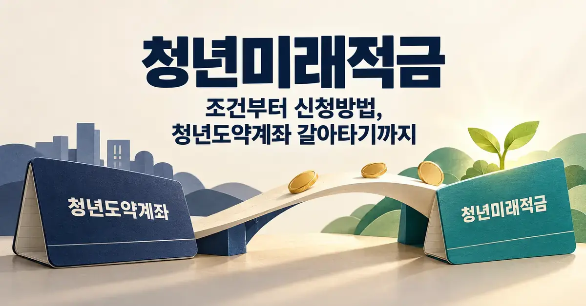 청년미래적금 가입 조건과 신청 방법, 청년도약계좌에서 갈아타기를 안내하는 제목 아래 두 통장을 다리로 연결하고 동전과 새싹으로 저축의 성장을 표현한 이미지입니다.