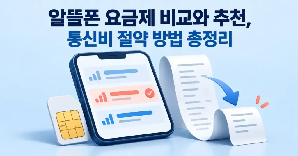 알뜰폰 요금제 비교와 추천, 통신비 절약 방법 총정리라는 제목 아래 요금제를 비교하는 스마트폰과 유심, 짧아지는 청구서로 통신비 절약을 표현한 이미지입니다.