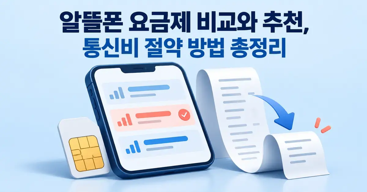 알뜰폰 요금제 비교와 추천, 통신비 절약 방법 총정리라는 제목 아래 요금제를 비교하는 스마트폰과 유심, 짧아지는 청구서로 통신비 절약을 표현한 이미지입니다.