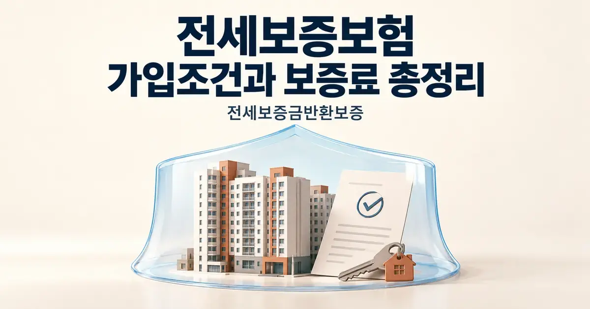 전세보증보험 가입조건과 보증료 총정리라는 제목 아래 투명한 보호막이 아파트와 보증서, 집 열쇠를 감싸 보증금 보호를 표현한 이미지입니다.